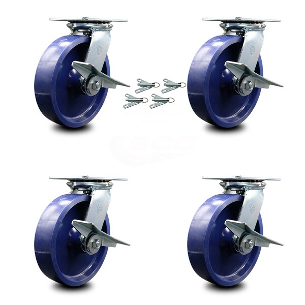 8 Inch Solid Poly Caster Set with Ball Bearings and Brakes/Swivel Locks SCC